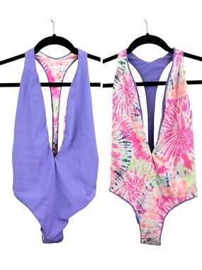 Maaji Reversible Tiki Plunge Tie Dye & Lavender One-Piece Swimsuit Size Small